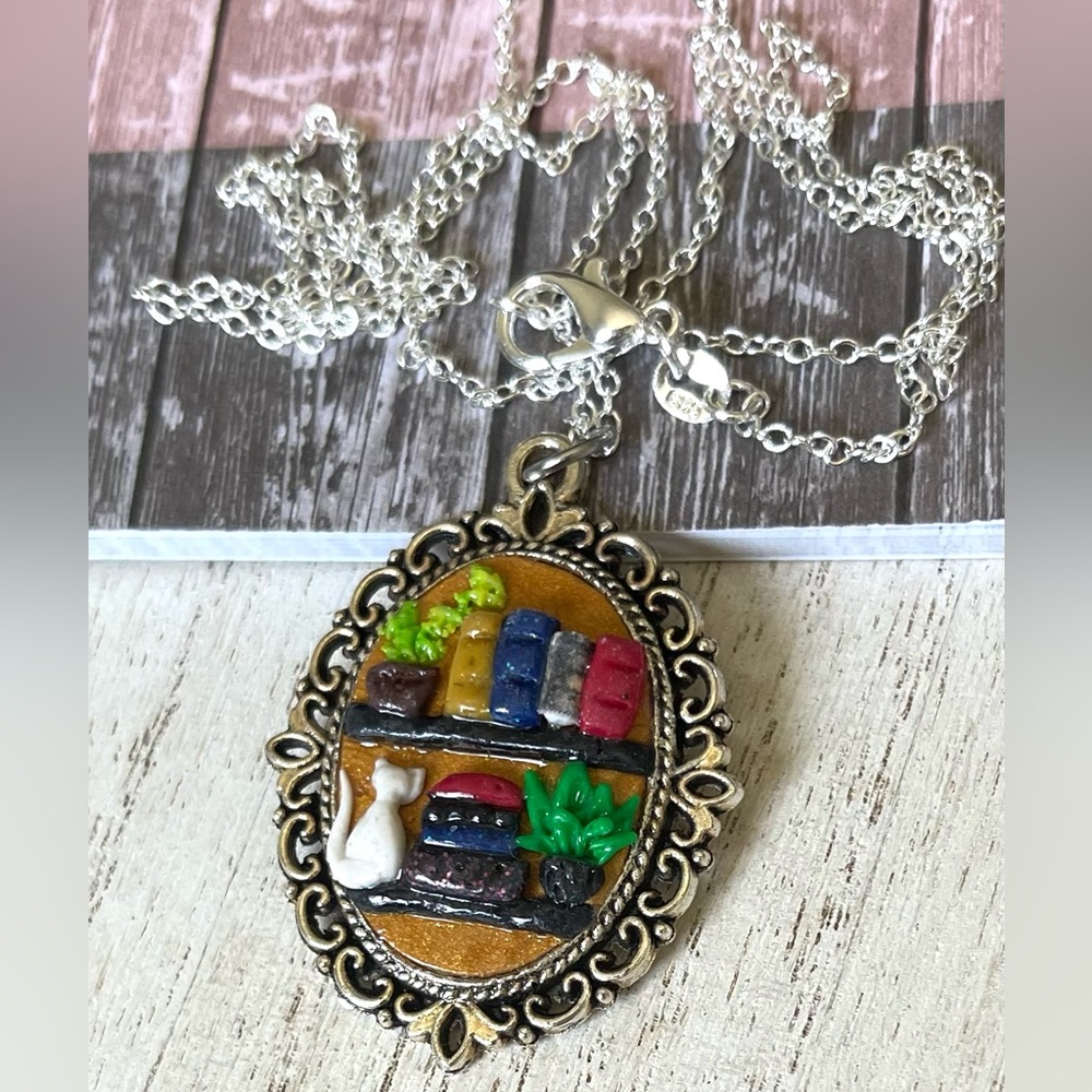 Handcrafted Polymer Clay Bookshelf Necklace - Antique Style Pendant